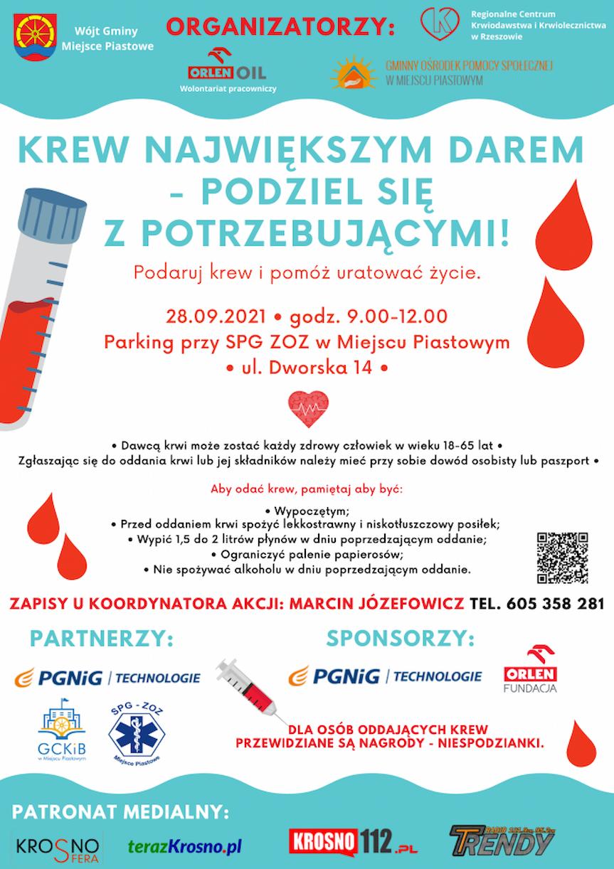 "Krew największym darem - podziel się z potrzebującymi" - zbiórka krwi w Miejscu Piastowym