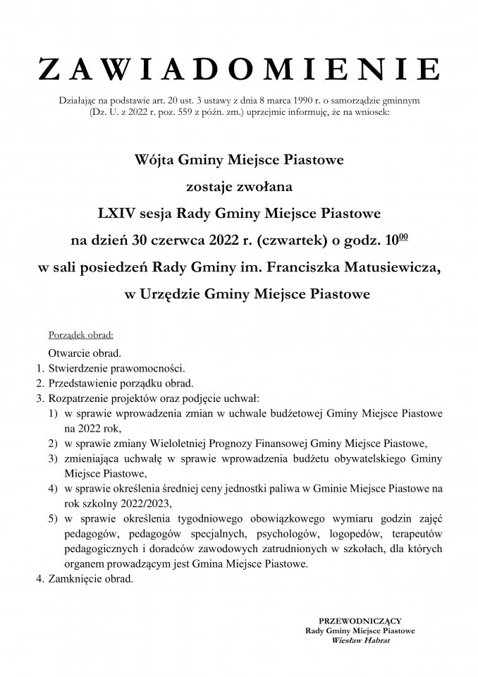 LXIV sesja Rady Gminy Miejsce Piastowe