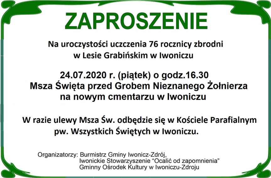 Uroczystość uczczenia 76. rocznicy zbrodni w Lesie Grabińskim w Iwoniczu 