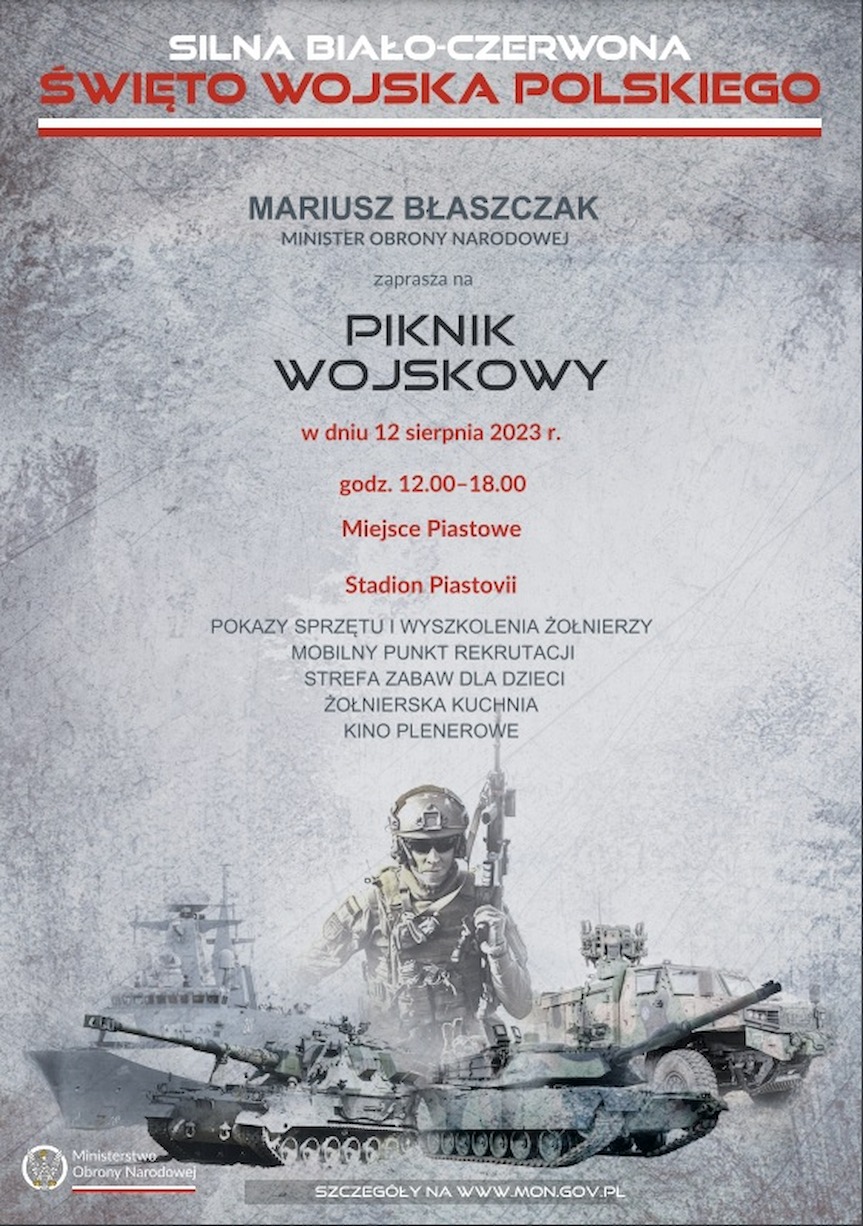 Plakat pikniku wojskowego w Miejscu Piastowym