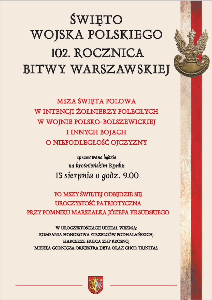 Plakak zaproszenie na obchody Święta Wojska Polskiego w Krośnie w 2022 roku