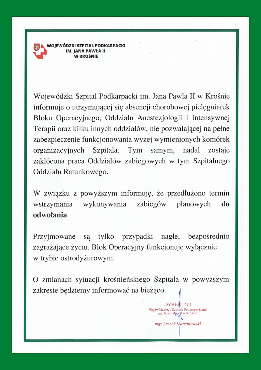 Oświadczenie dyrektora szpitala w Krośnie