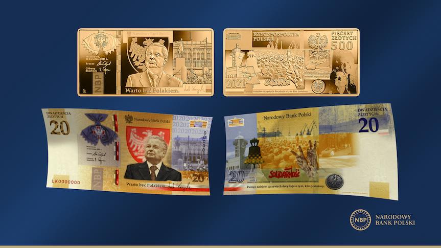 Banknot i złota moneta z Lechem Kaczyńskim
