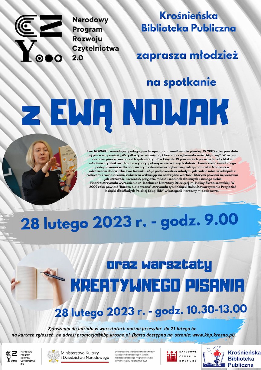 Spotkanie autorskie dla młodzieży i warsztaty kreatywnego pisania z Ewą Nowak
