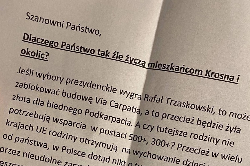 Wyborczy anonim do mieszkańców Krosna straszy Trzaskowskim?
