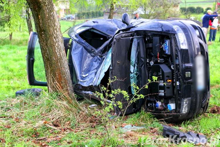 Wypadek w Krasnej, samochód uderzył w drzewo