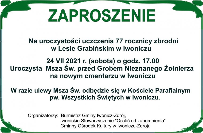 Uroczystość uczczenia 77 rocznicy zbrodni w Lesie Grabińskim w Iwoniczu