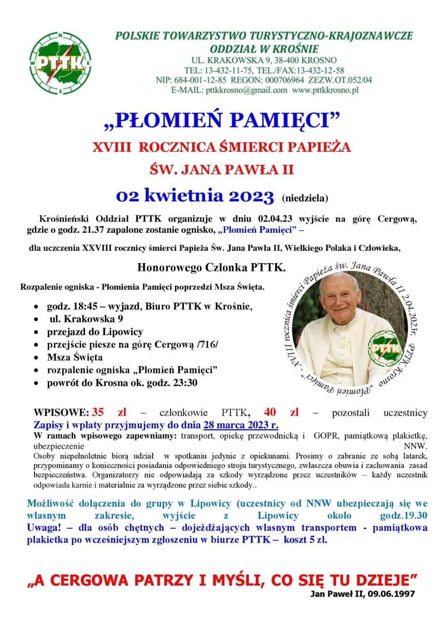 Wyjście na górę Cergową w XVIII rocznicę śmierci papieża Jana Pawła II